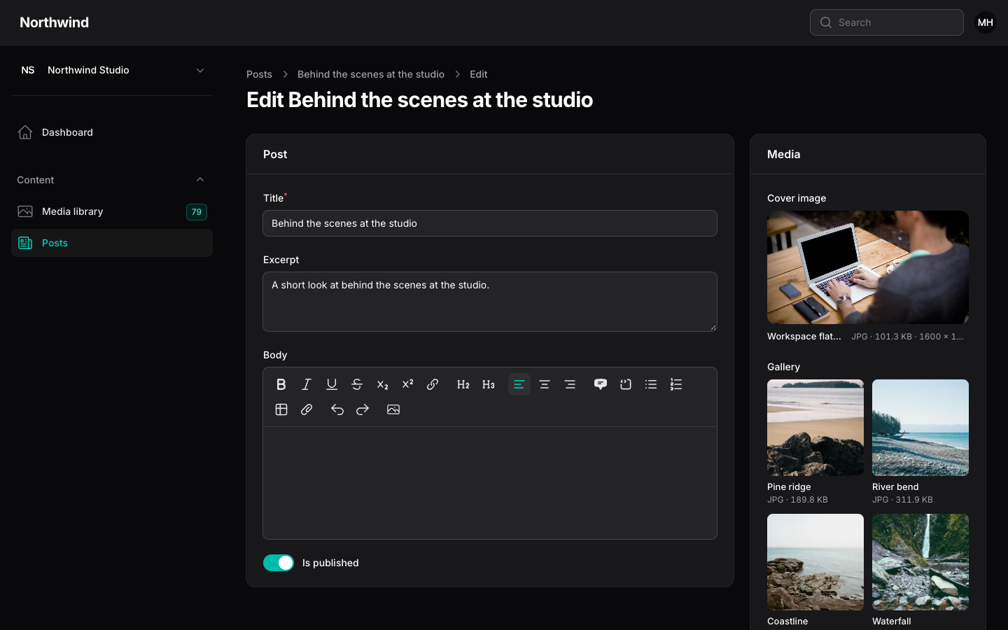 A Post edit form with a cover picker, a gallery and downloads