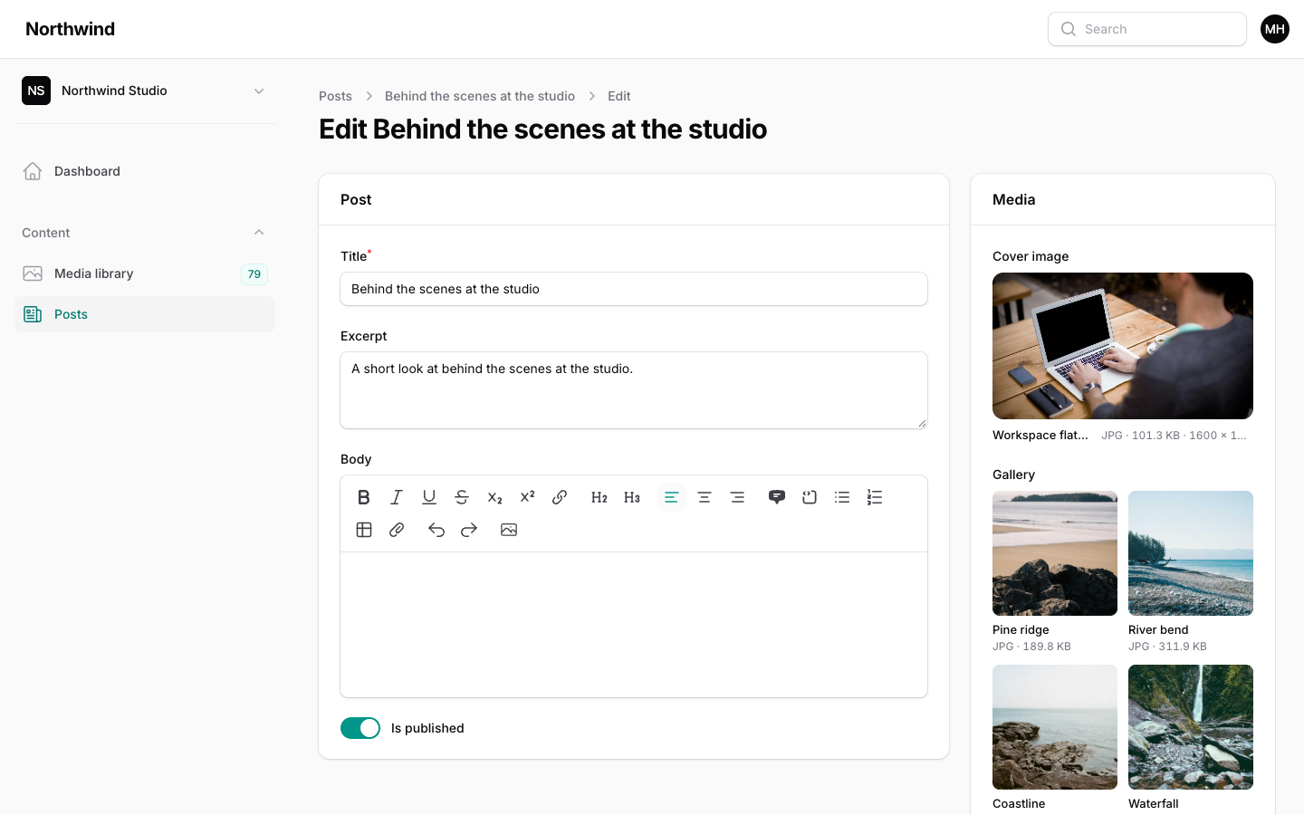 A Post edit form with a cover picker, a gallery and downloads