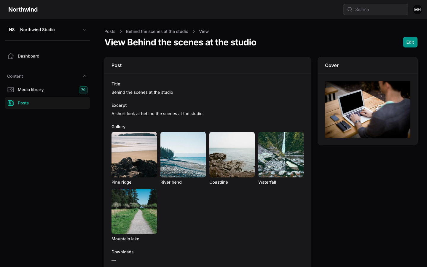 A Post view page with a cover image, a gallery grid and a list of downloadable files.