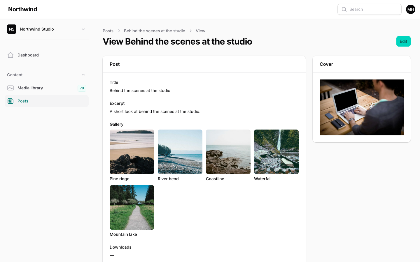 A Post view page with a cover image, a gallery grid and a list of downloadable files.