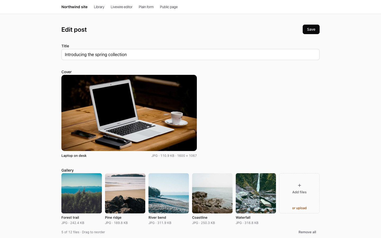 A Livewire post editor with a cover picker and a gallery picker.