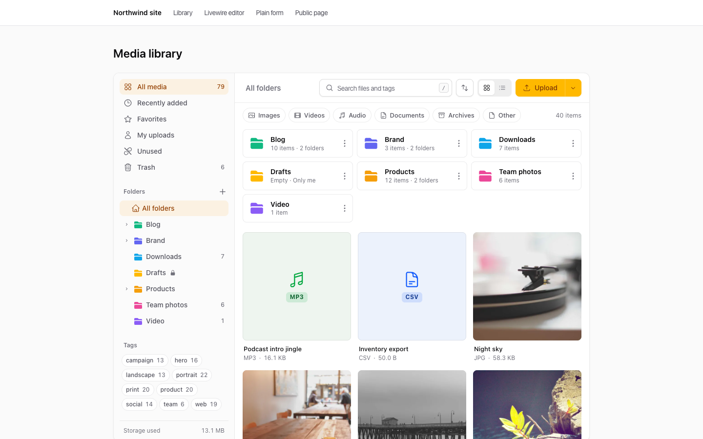 The full media library embedded on a normal site page with livewire media-library.