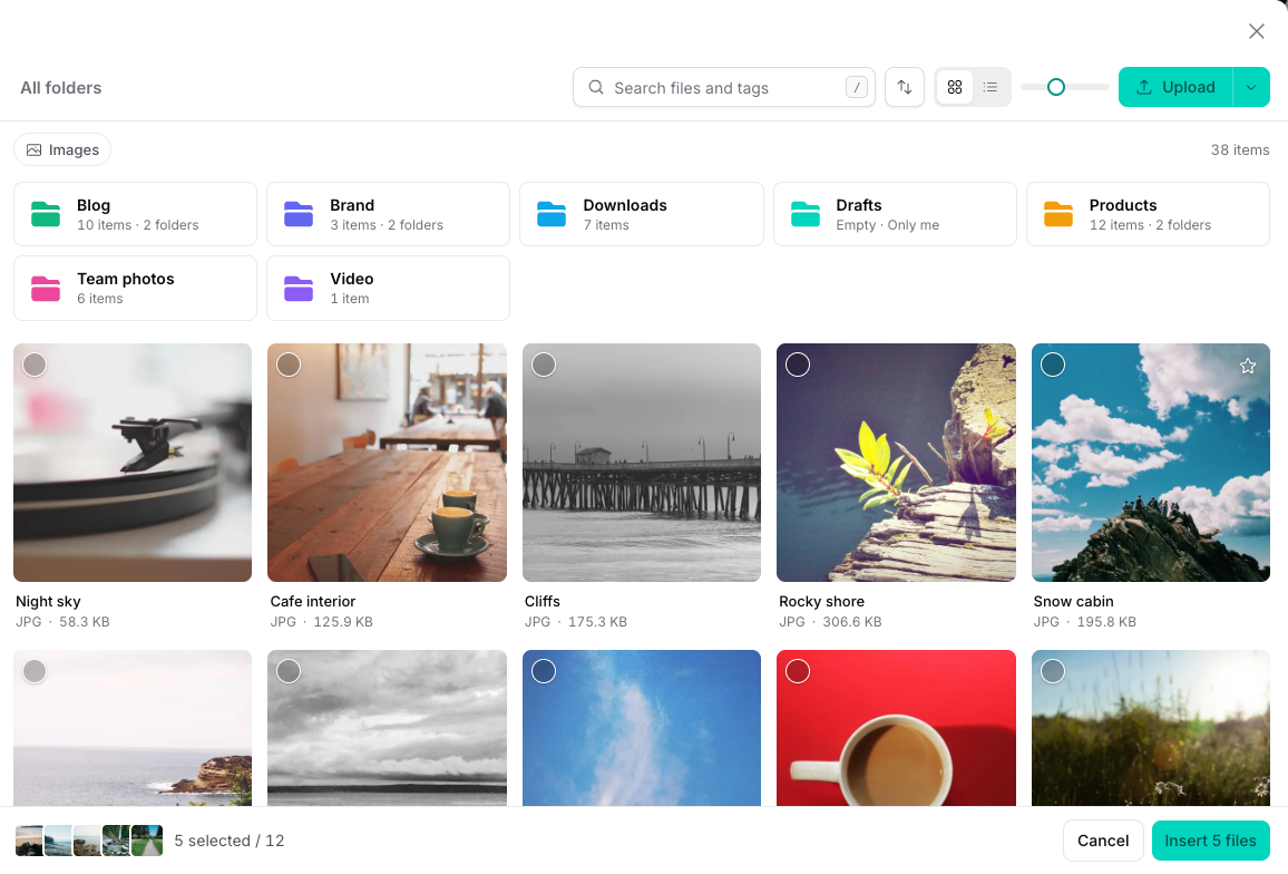 The picker modal opened from a form field, with five photos selected
