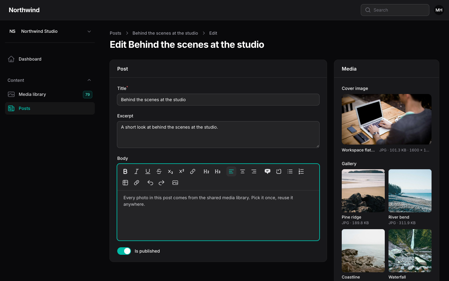 The rich text editor with the media toolbar button and the library picker open in a modal.