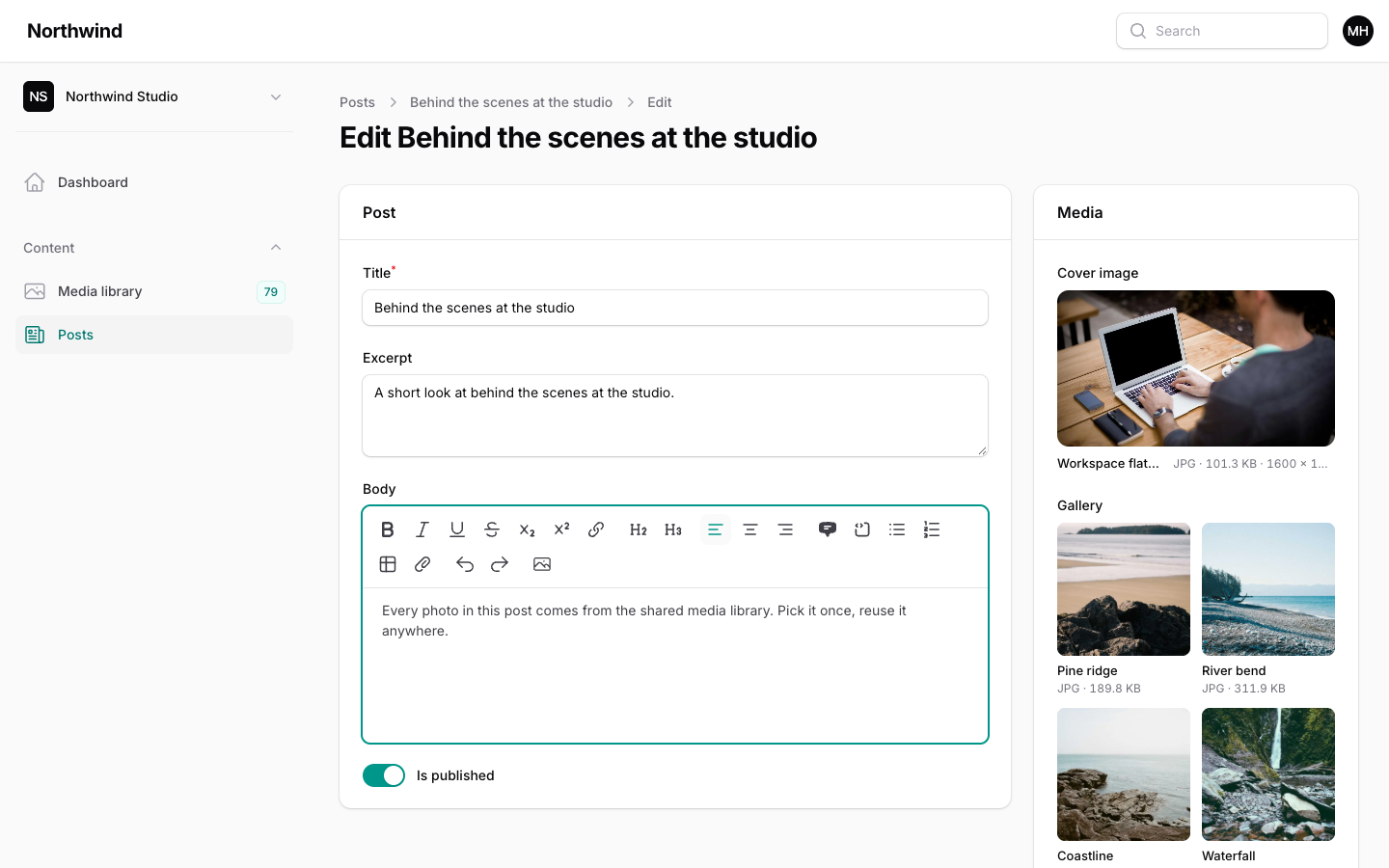 The rich text editor with the media toolbar button and the library picker open in a modal.
