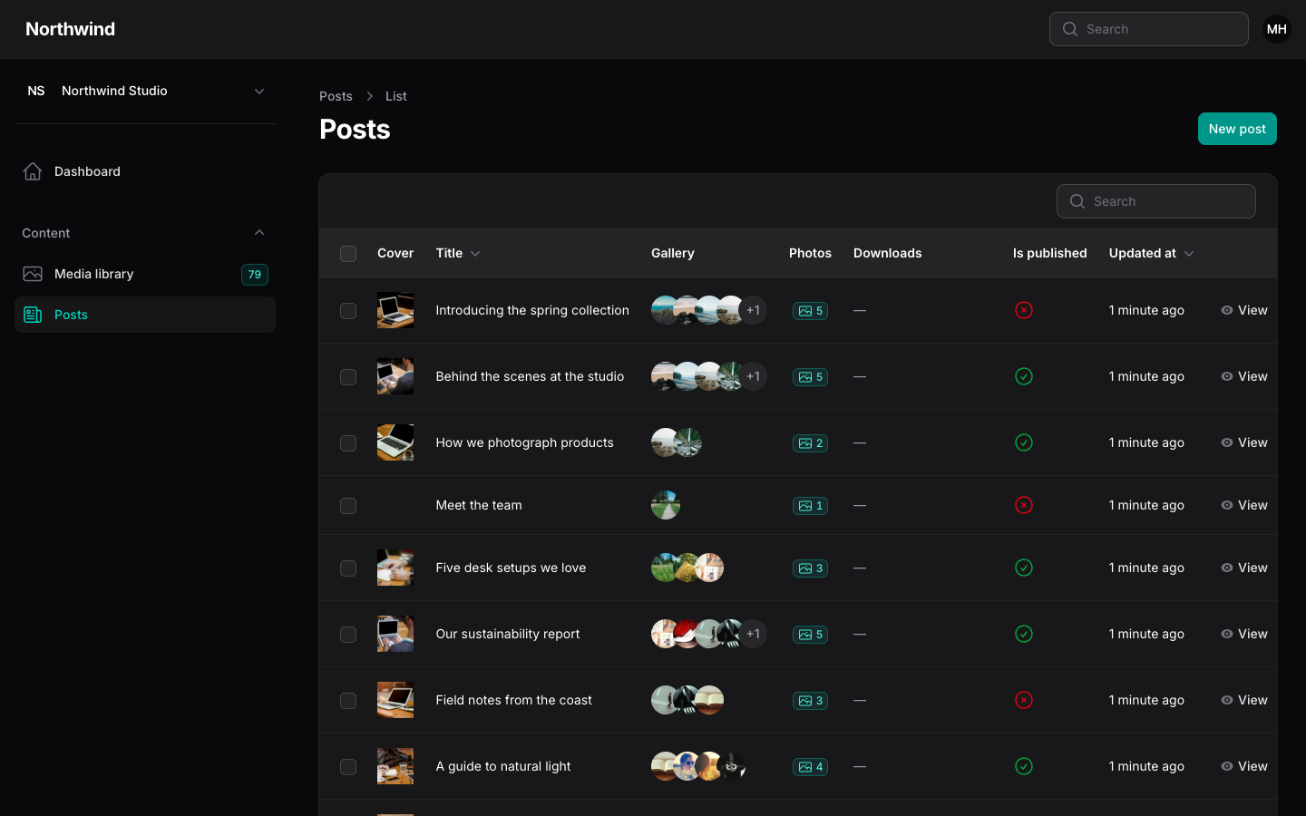 A Posts table with a cover thumbnail, stacked gallery images, a photo count badge and a downloads column.