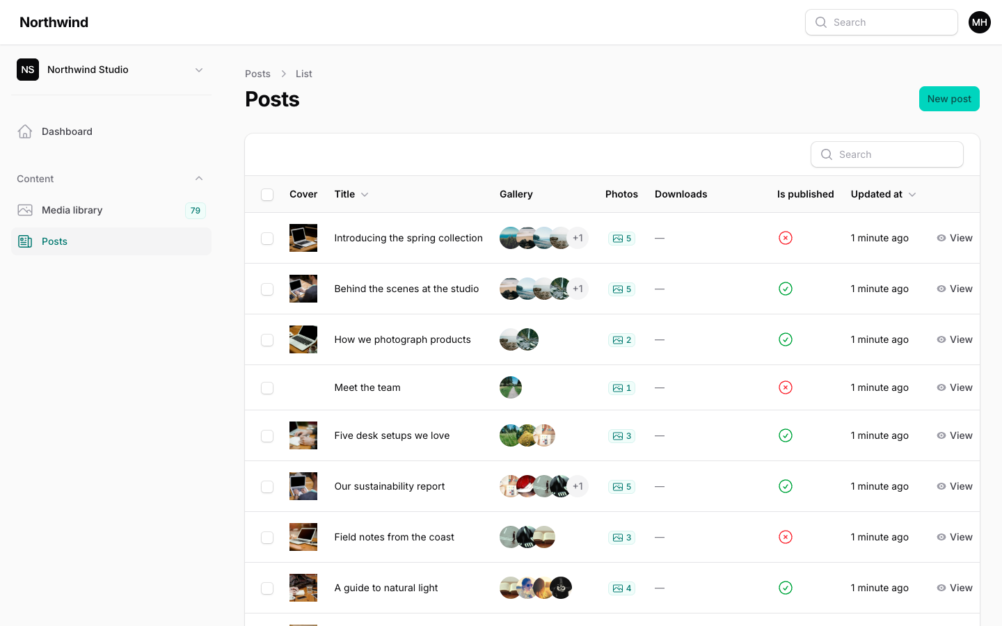 A Posts table with a cover thumbnail, stacked gallery images, a photo count badge and a downloads column.