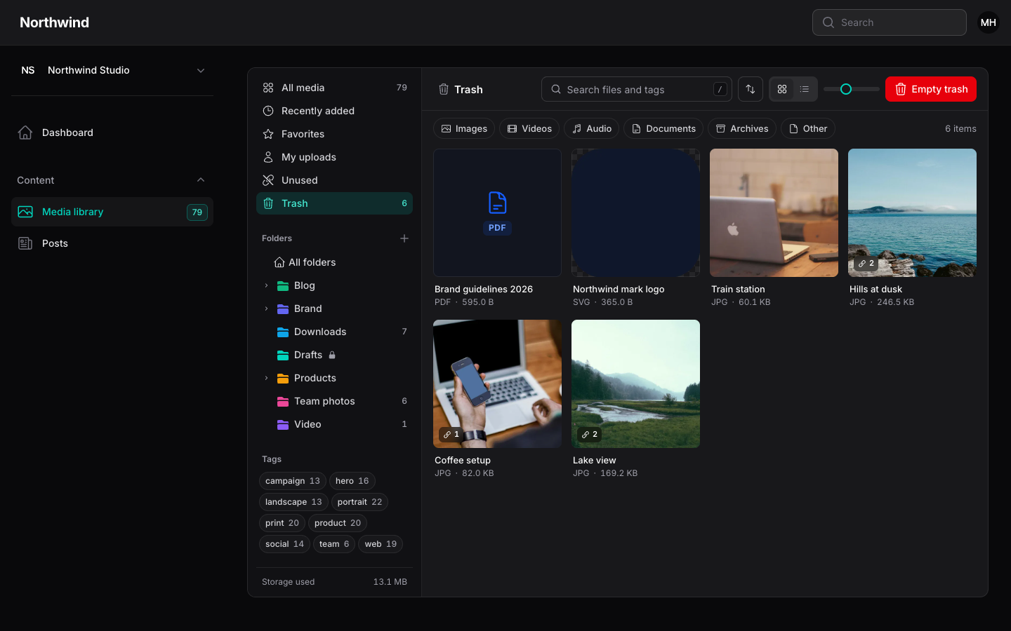 The Trash view with deleted files and an Empty trash button