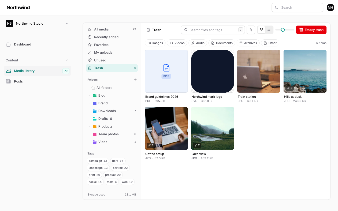 The Trash view with deleted files and an Empty trash button